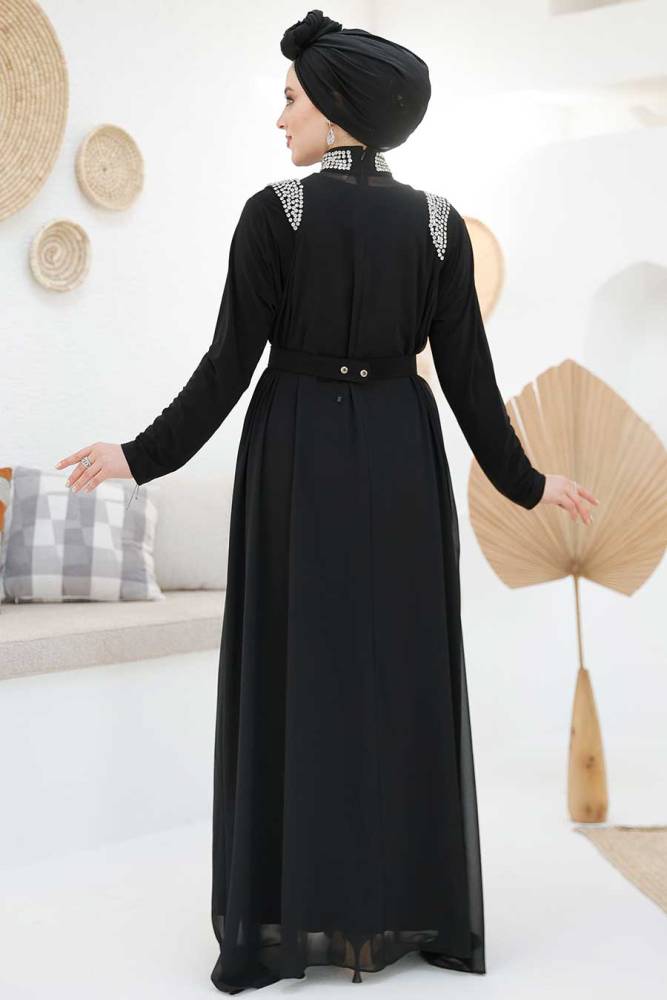 Boncuk İşlemeli Siyah Tesettür Abaya Takım 43201S - 6