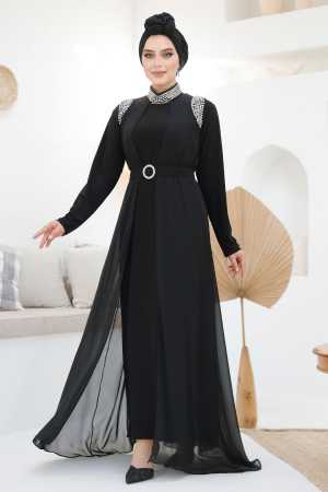 Boncuk İşlemeli Siyah Tesettür Abaya Takım 43201S - 5