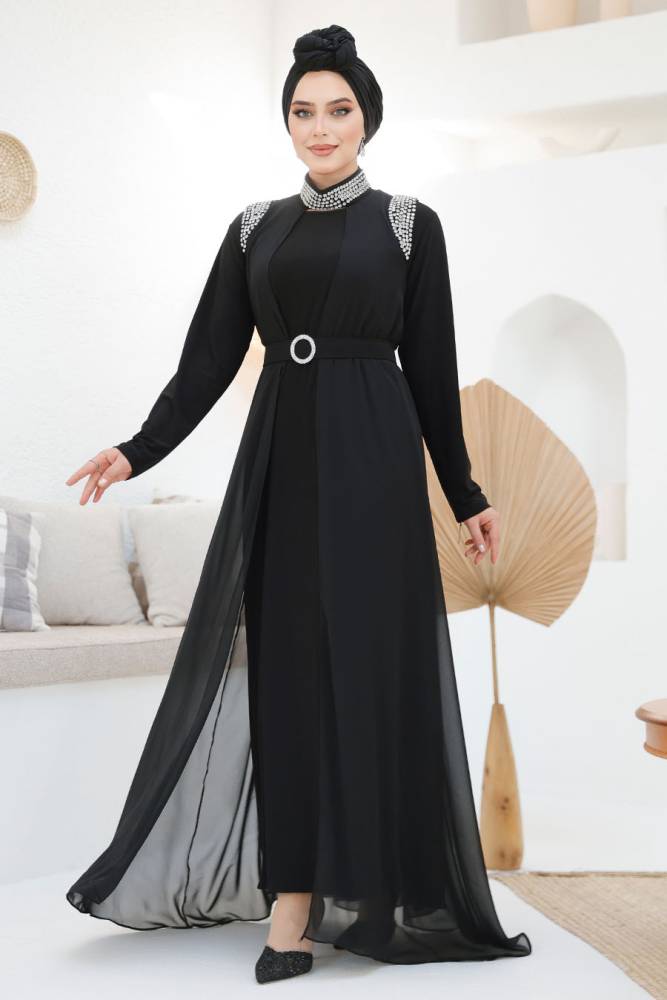 Boncuk İşlemeli Siyah Tesettür Abaya Takım 43201S - 5