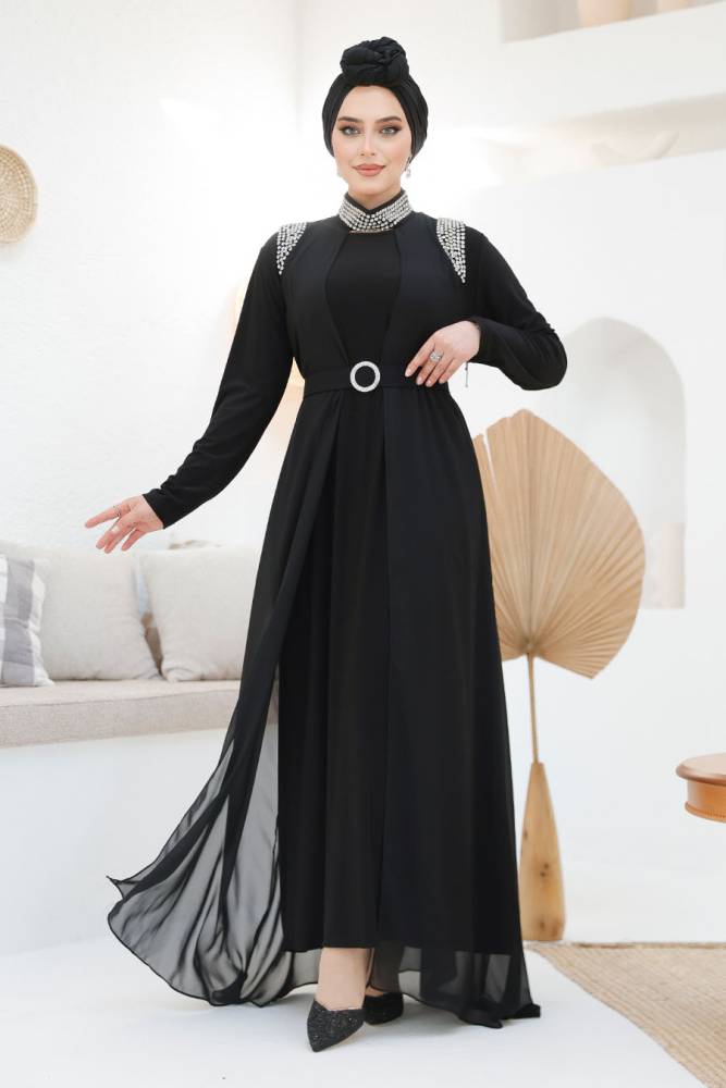 Boncuk İşlemeli Siyah Tesettür Abaya Takım 43201S - 1