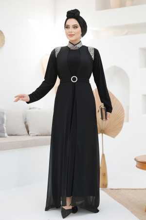 Boncuk İşlemeli Siyah Tesettür Abaya Takım 43201S - 2