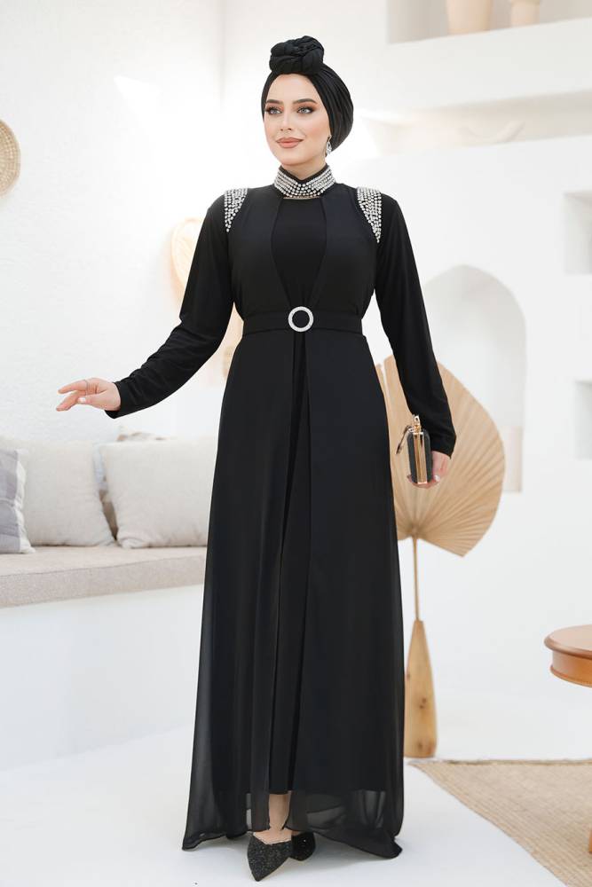 Boncuk İşlemeli Siyah Tesettür Abaya Takım 43201S - 2