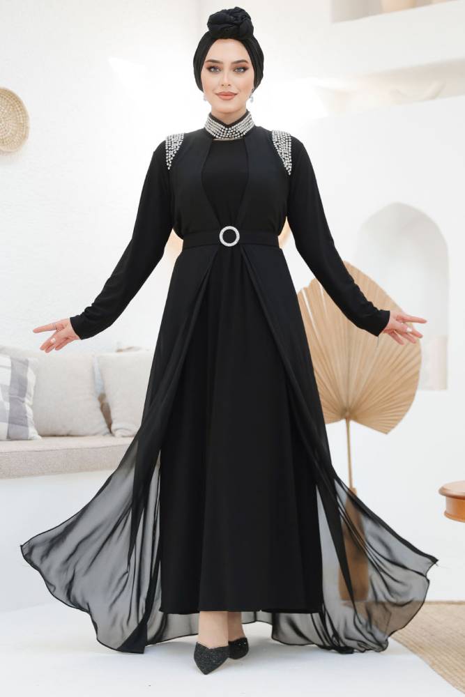 Boncuk İşlemeli Siyah Tesettür Abaya Takım 43201S - 3