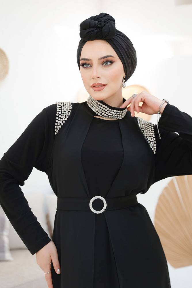 Boncuk İşlemeli Siyah Tesettür Abaya Takım 43201S - 4