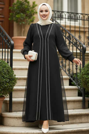 Boncuk İşlemeli Siyah Tesettür Abaya Takım 4626S - 1