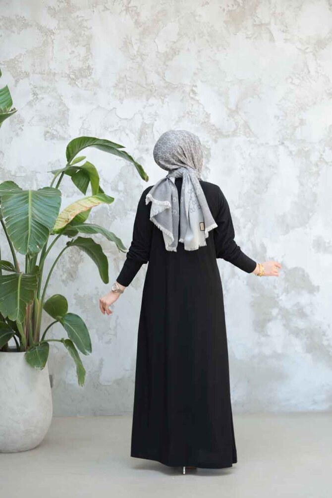 Boncuk İşlemeli Siyah Tesettür Elbise 9345S - 5