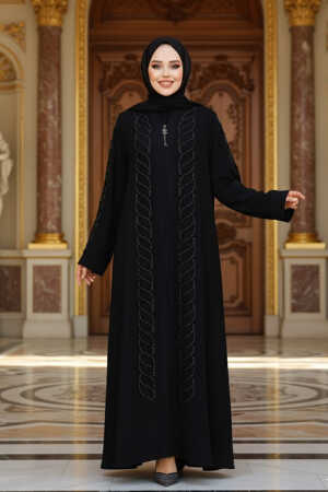 Boncuk İşlemeli Siyah Tesettür Ferace 29122S 