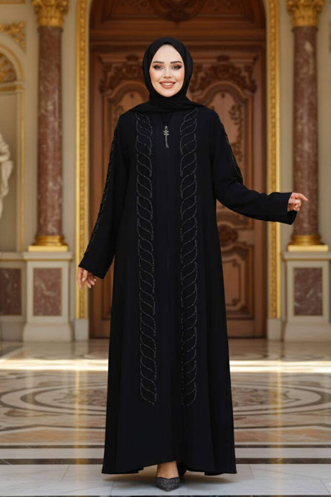 Boncuk İşlemeli Siyah Tesettür Ferace 29122S - 1