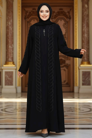 Boncuk İşlemeli Siyah Tesettür Ferace 29122S 