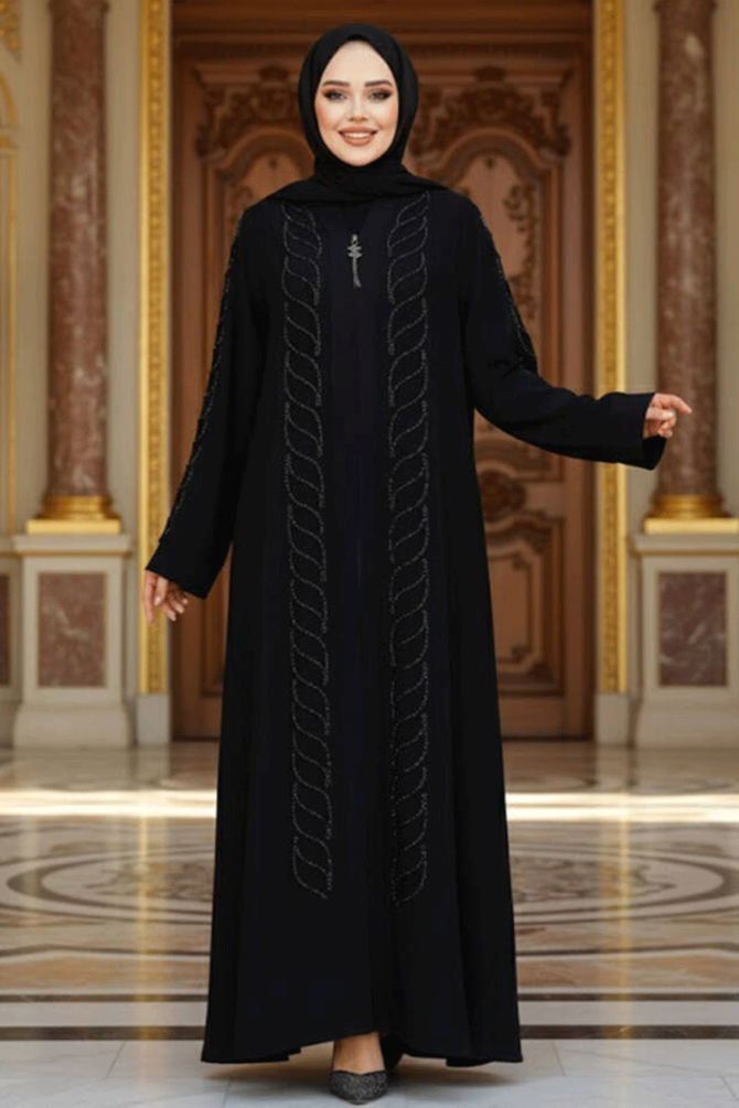 Boncuk İşlemeli Siyah Tesettür Ferace 29122S - 1