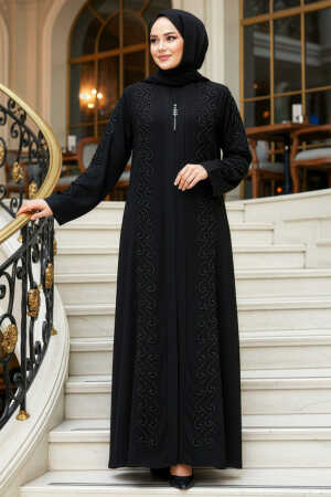 Boncuk İşlemeli Siyah Tesettür Ferace 29123S 