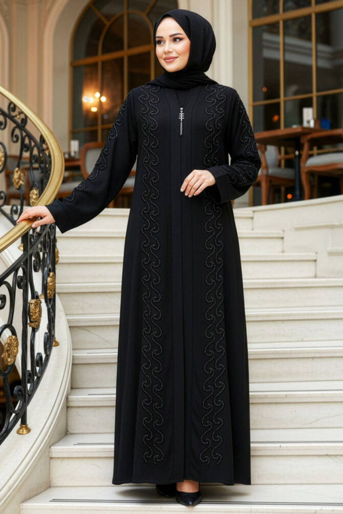 Boncuk İşlemeli Siyah Tesettür Ferace 29123S - 1