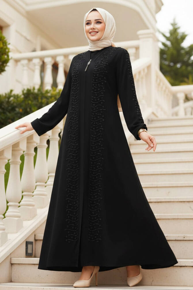 Boncuk İşlemeli Siyah Tesettür Ferace 29127S - 1