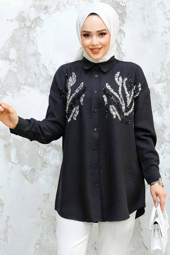 Boncuk İşlemeli Siyah Tesettür Gömlek 4526S - NEVA STYLE