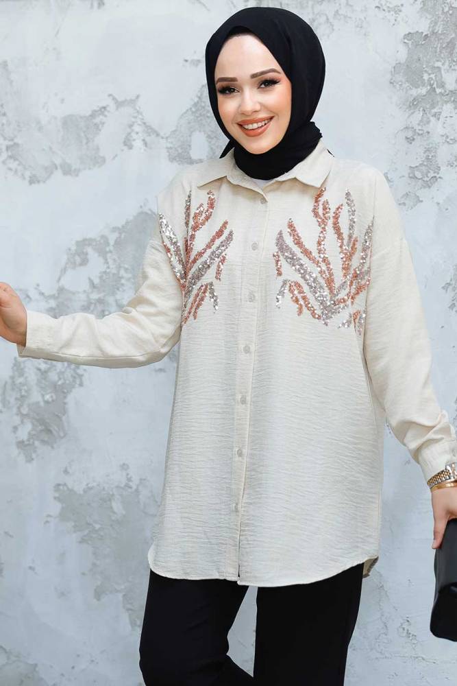 Boncuk İşlemeli Taş Tesettür Gömlek 4526TAS - NEVA STYLE