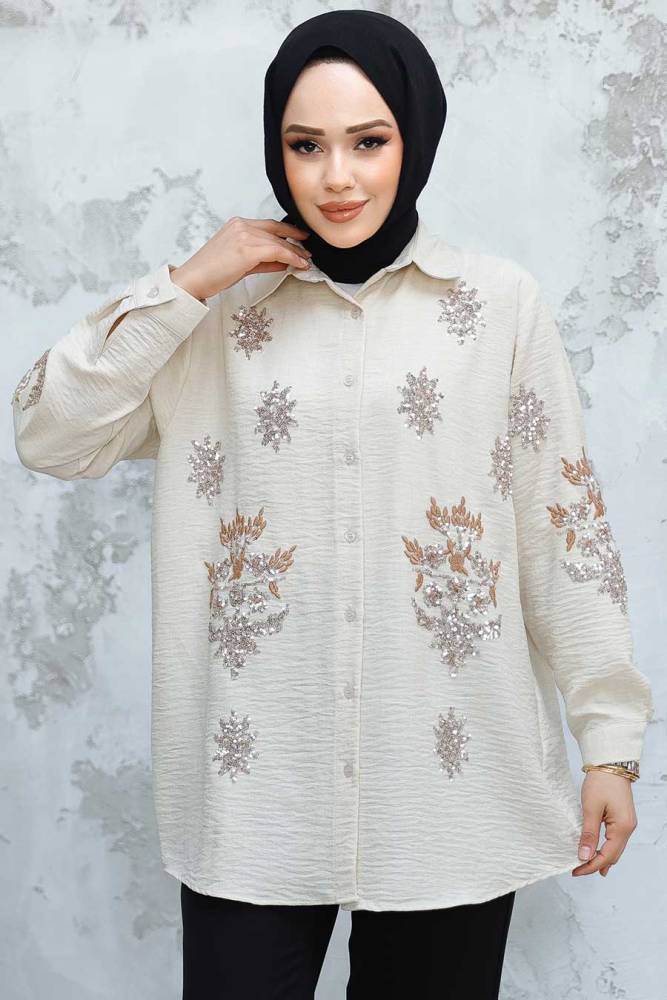 Boncuk İşlemeli Taş Tesettür Gömlek 45270TAS - NEVA STYLE