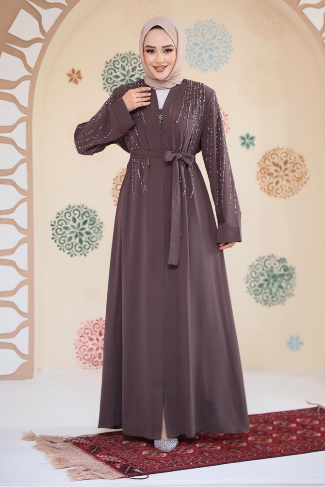 Boncuk İşlemeli Vizon Tesettür Abaya 29111V - 1