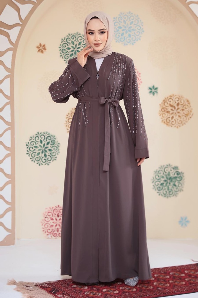 Boncuk İşlemeli Vizon Tesettür Abaya 29111V - 3