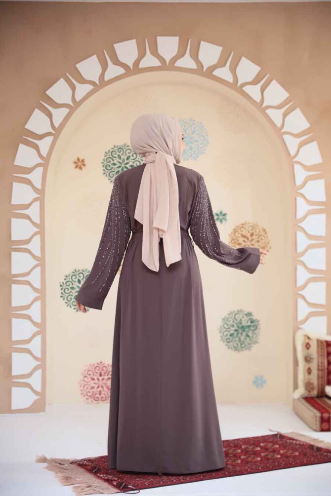 Boncuk İşlemeli Vizon Tesettür Abaya 29111V - 4