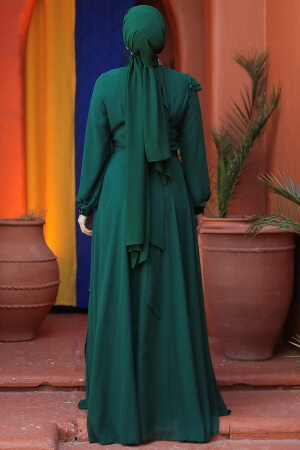 Boncuk İşlemeli Yeşil Tesettür Abiye Elbise 25885Y - 3