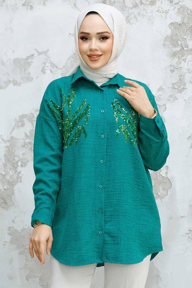 Boncuk İşlemeli Zümrüt Yeşili Tesettür Gömlek 4526ZY - NEVA STYLE