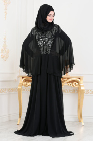 Boncuk Sarkıtmalı Siyah Tesettür Abiye Elbise 46790S - Thumbnail