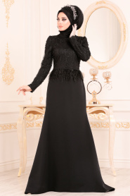 Boncuklu Tüy Detaylı Siyah Tesettür Abiye Elbise 36361S - Thumbnail