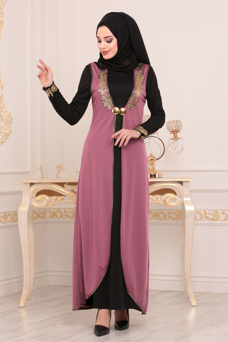 Nayla Collection - Yelekli Gül Kurusu Tesettür Elbise 100303GK