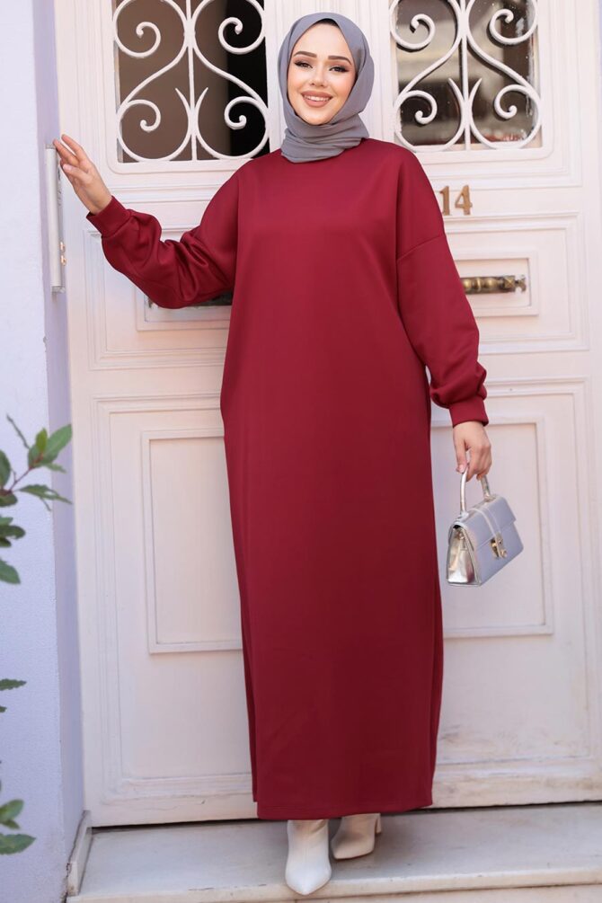 Bordo Sweat Tesettür Elbise 23641BR - 2