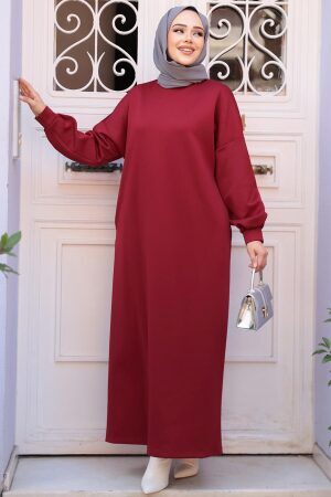 Bordo Sweat Tesettür Elbise 23641BR - 3
