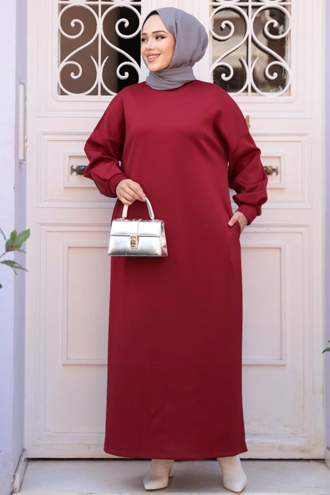 Bordo Sweat Tesettür Elbise 23641BR - 4