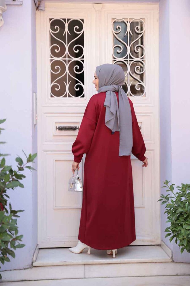 Bordo Sweat Tesettür Elbise 23641BR - 5