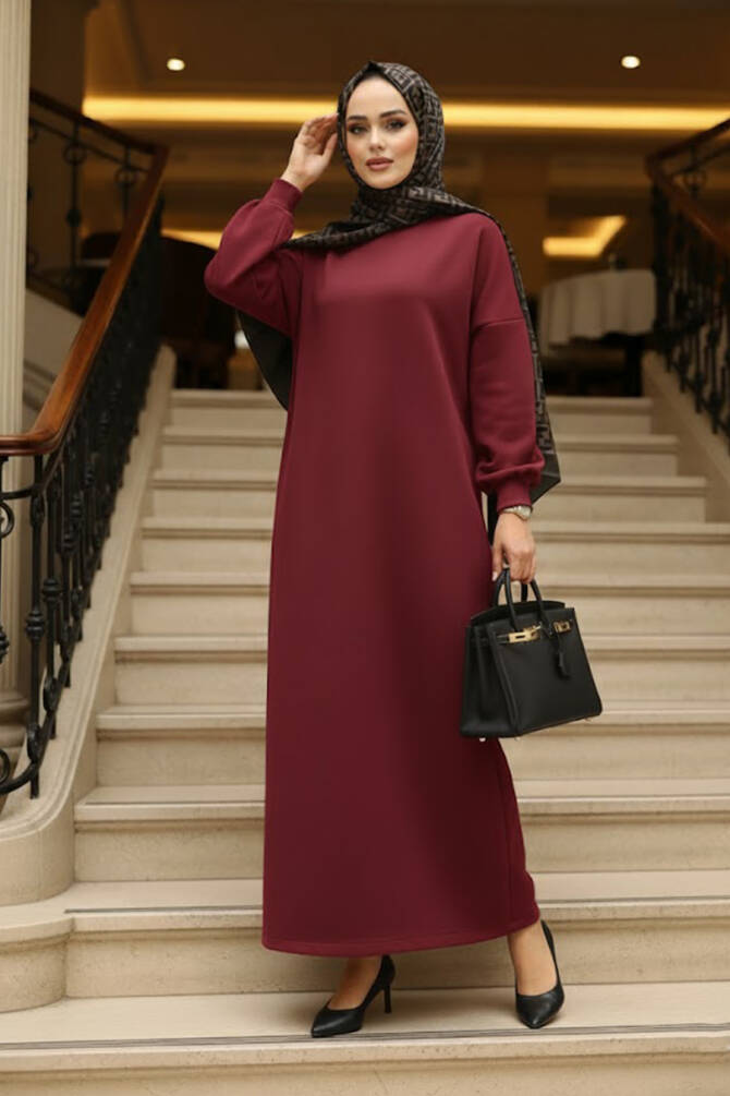 Bordo Sweat Tesettür Elbise 23641BR - 1