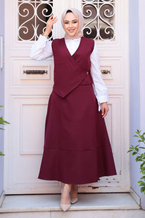Bordo Tesettür Etekli İkili Takım 75471BR 