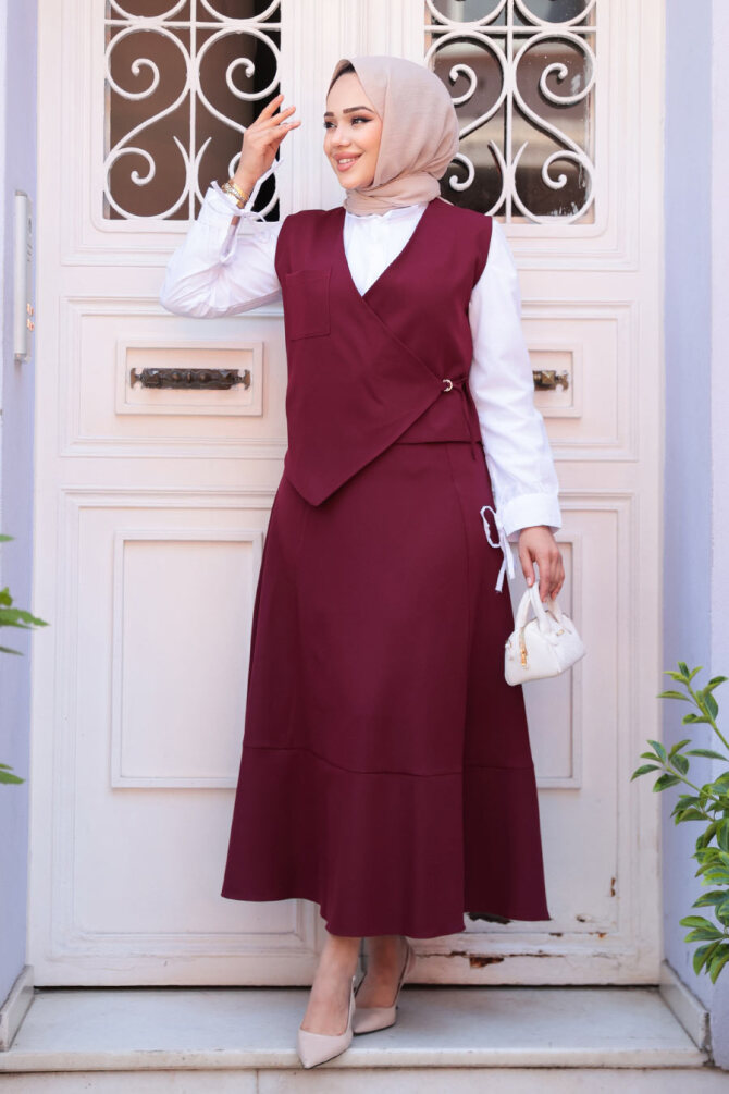 Bordo Tesettür Etekli İkili Takım 75471BR - 2