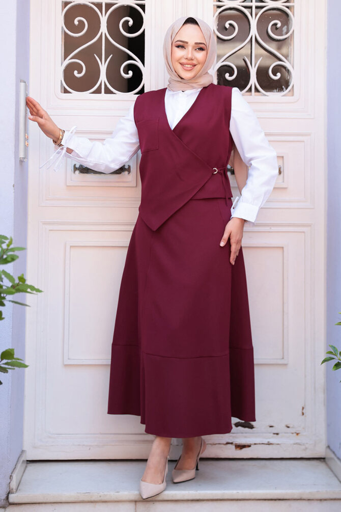 Bordo Tesettür Etekli İkili Takım 75471BR - 3