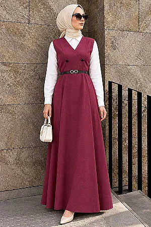 Bordo Tesettür Jile Elbise 30284BR 