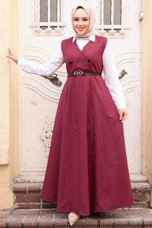 Bordo Tesettür Jile Elbise 30284BR 