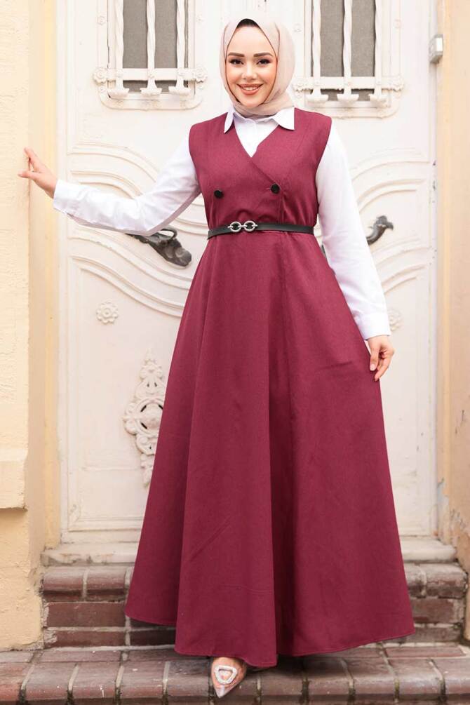 Bordo Tesettür Jile Elbise 30284BR - 1