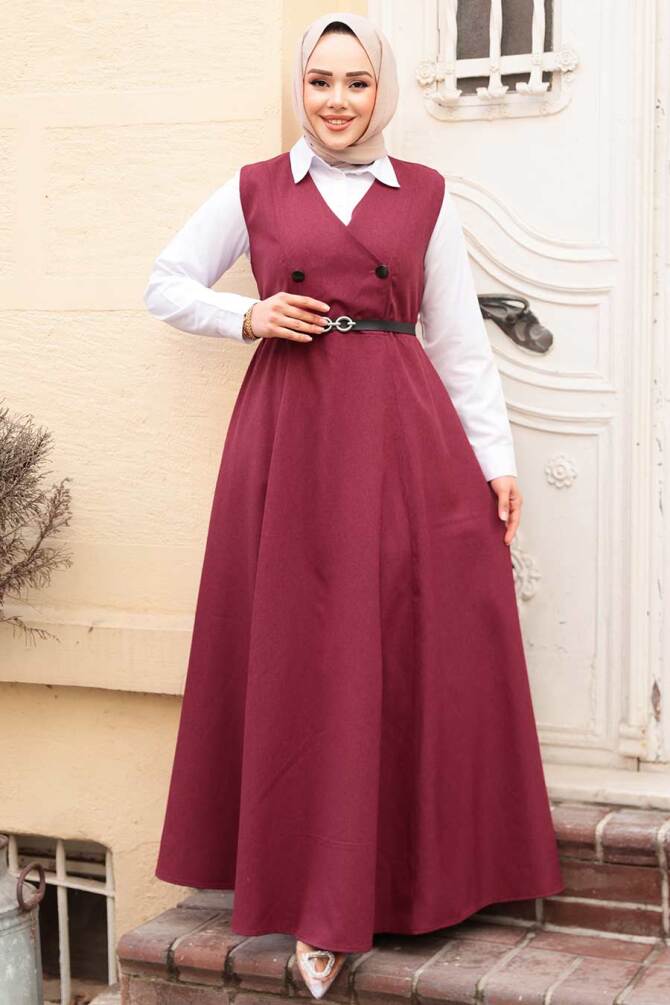 Bordo Tesettür Jile Elbise 30284BR - 2