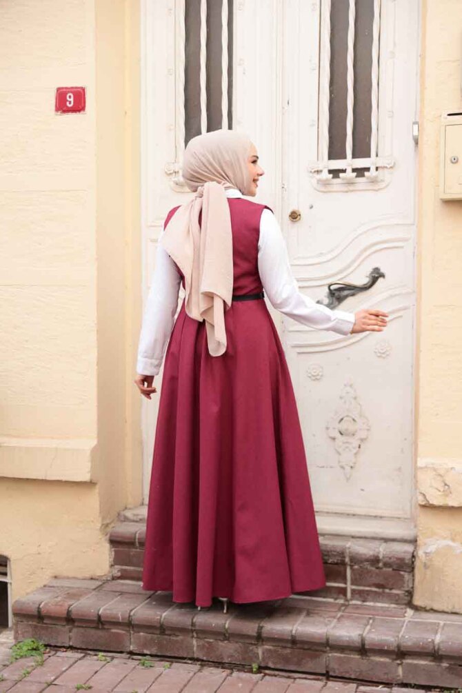 Bordo Tesettür Jile Elbise 30284BR - 3