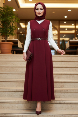 Bordo Tesettür Jile Elbise 62081BR 