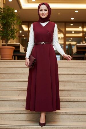Bordo Tesettür Jile Elbise 62081BR - NEVA STYLE