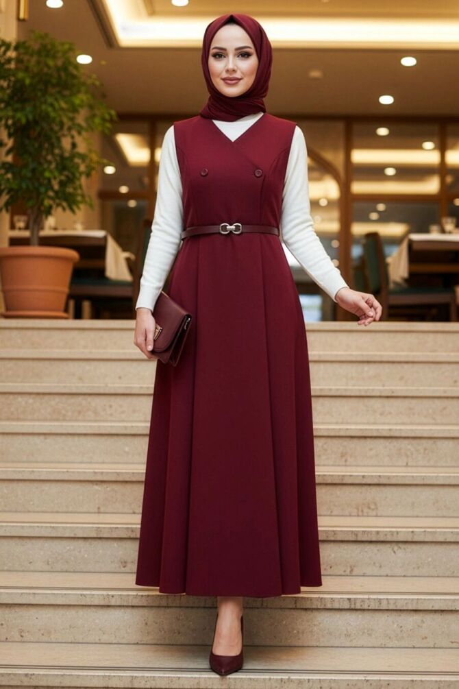 Bordo Tesettür Jile Elbise 62081BR - NEVA STYLE
