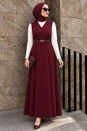 Bordo Tesettür Jile Elbise 62081BR - NEVA STYLE