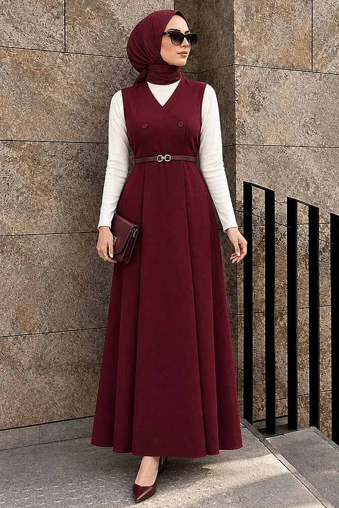 Bordo Tesettür Jile Elbise 62081BR - NEVA STYLE