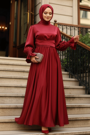 Bordo Tesettür Saten Abiye Elbise 5983BR - 1