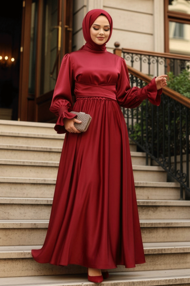 Bordo Tesettür Saten Abiye Elbise 5983BR - 1