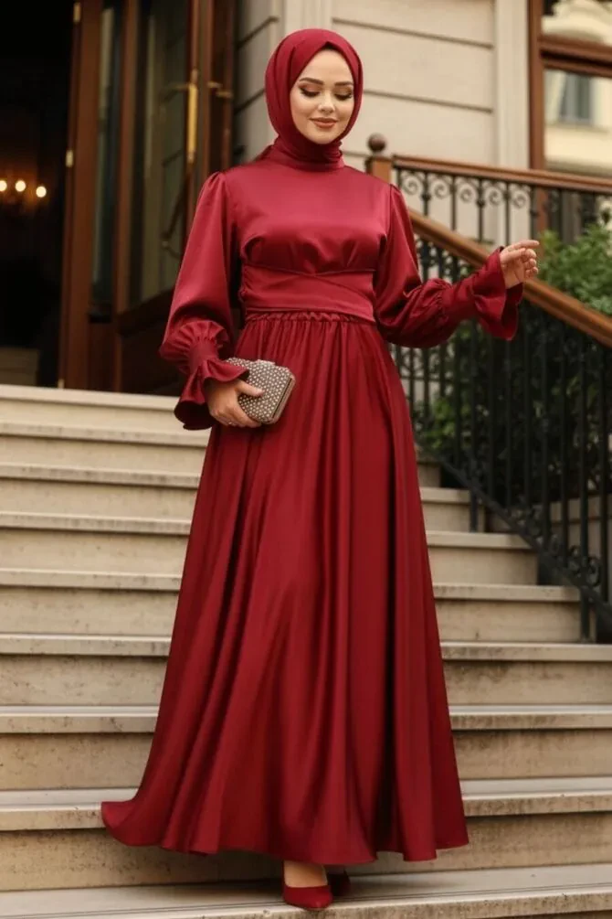 Bordo Tesettür Saten Abiye Elbise 5983BR - 1