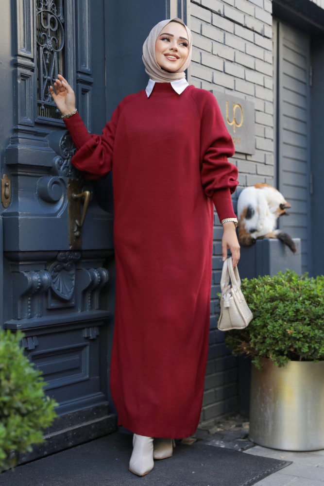 Bordo Tesettür Triko Elbise 100013BR - 3